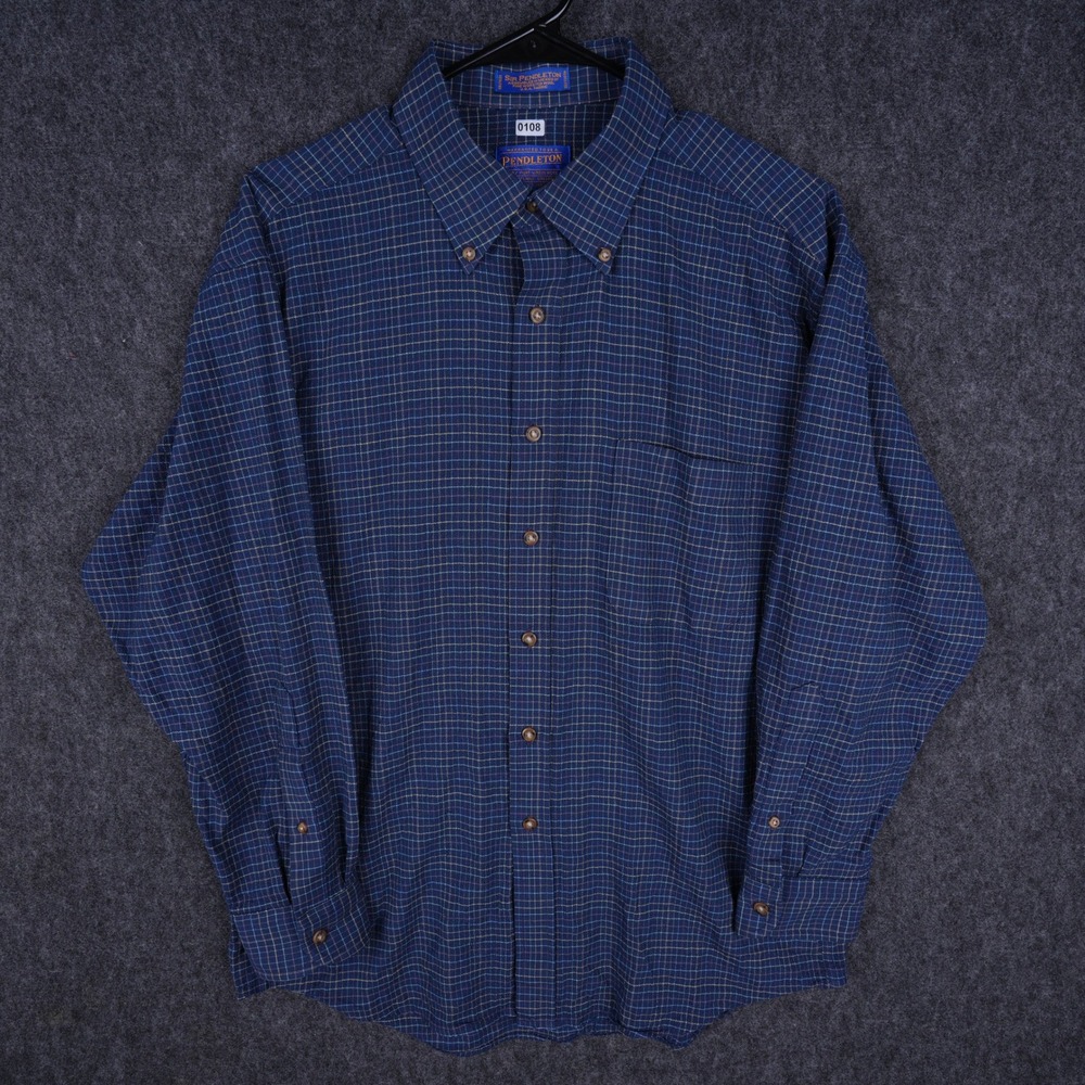 Vintage Pendleton Button Down Shirt Mens L Blue Fair Pure Virgin Wool Grid